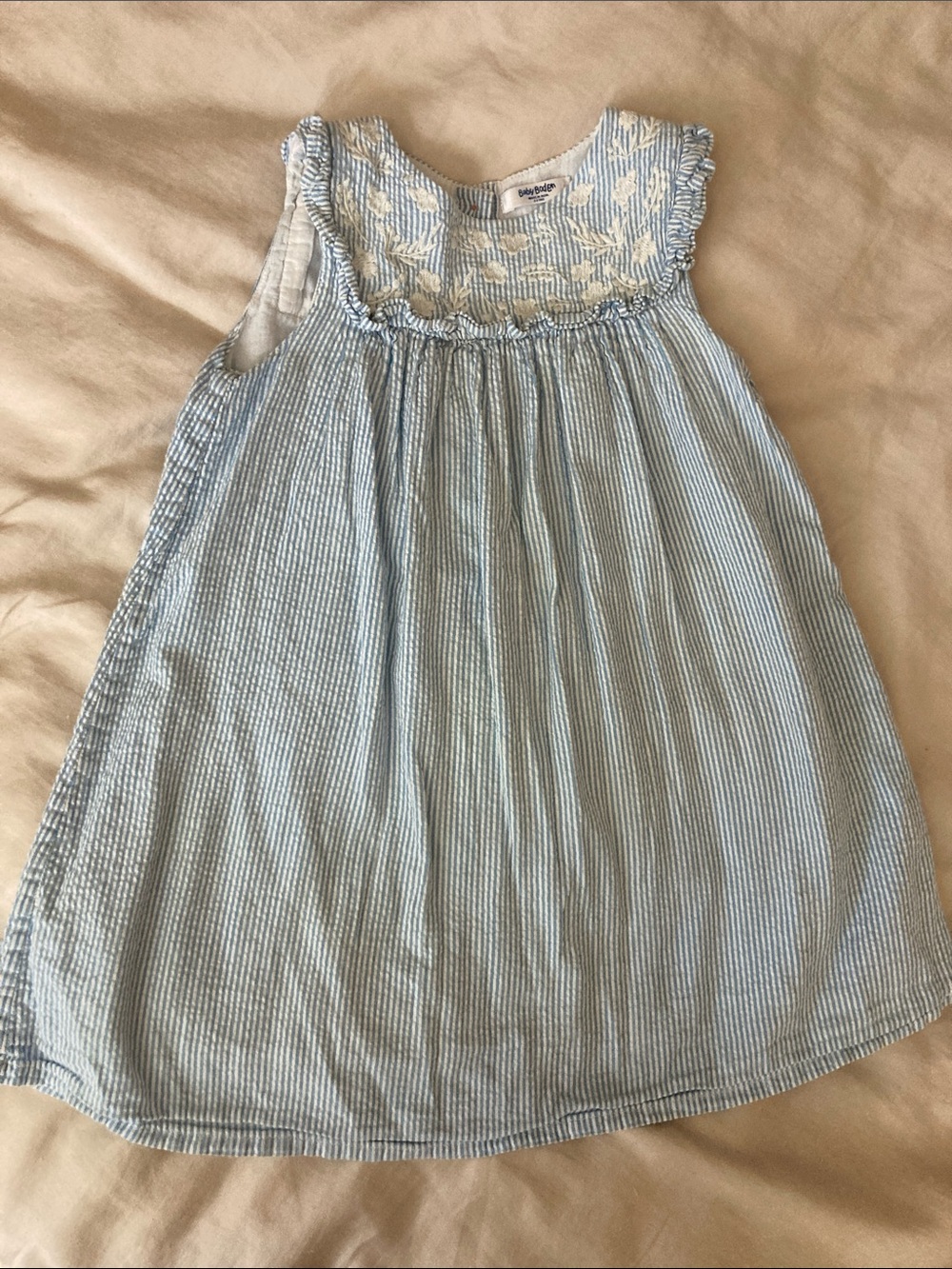 Baby Boden Light Blue Striped Embroidered Yoke Dress